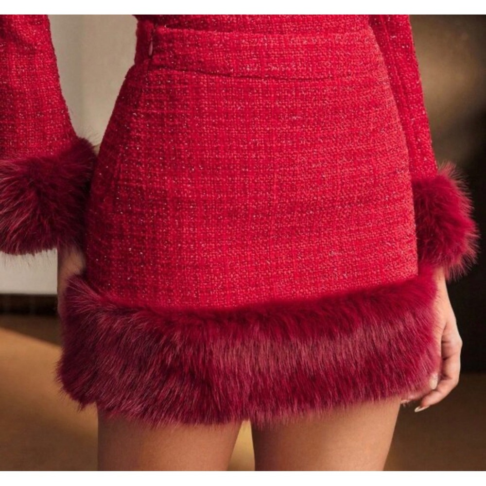 MOTF Red Tweed Faux Fur Trim Mini Skirt Flirty‎ Glam Size L